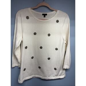 Talbots Cream Sweater/Metallic Silver Sparkle Rhinestones - Silk Blend - Size LP